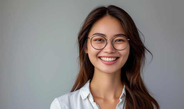 Head shot happy young asian woman in glasses millennial brunette girl with healthy white toothy smil