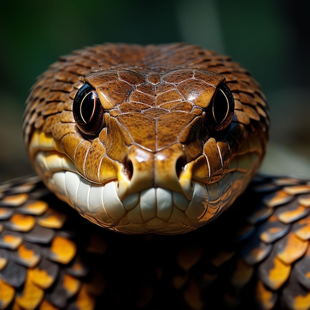 Head shot of a king cobra looking directly at the camera