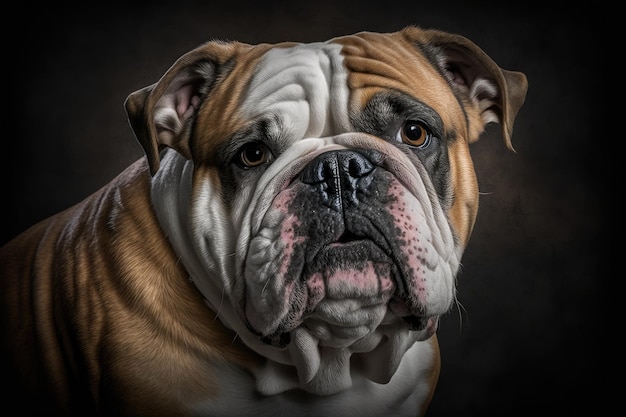 Head shot of a large and beautiful English Bulldog breed dog looking straight into the camera