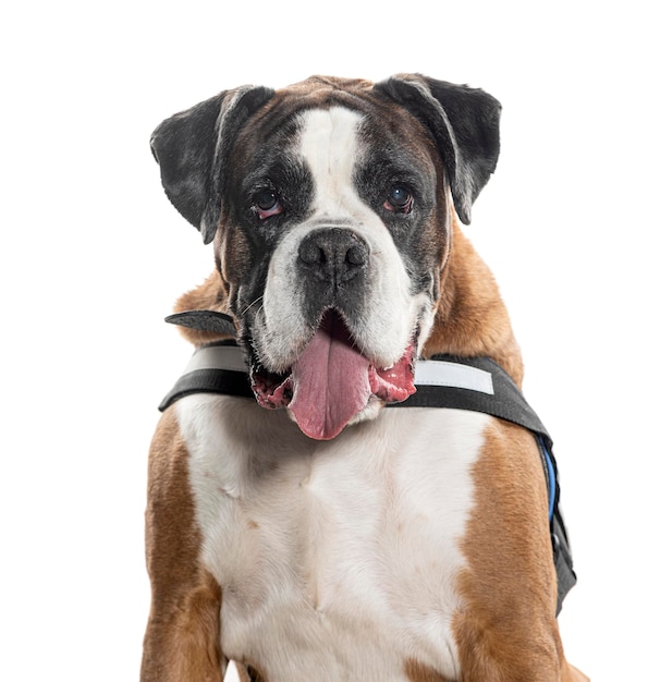 Head shot of a panting Boxer wearing a harness Isolated on white