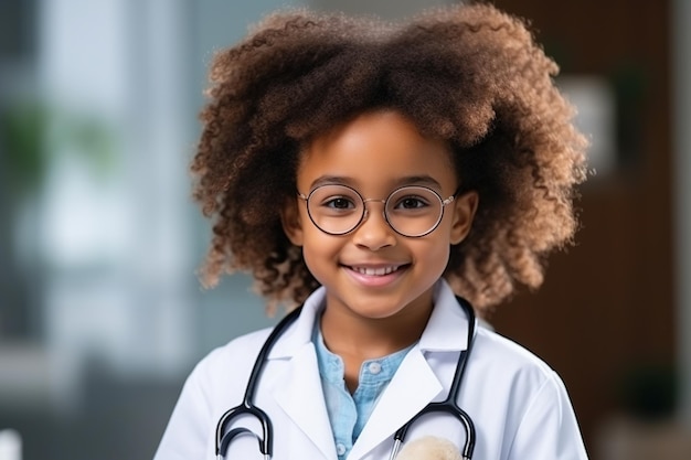 Head shot portrait smiling cute African American girl wearing glasses and white coat uniform with stethoscope pretending doctor looking at camera playing with fluffy toy patient