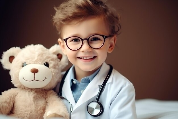 Фото Портрет с головой улыбающегося милого мальчика в очках и белом пальто в форме со стетоскопом, притворяющегося врачом, смотрящим на камеру, играющим с пушистой игрушкой, пациентом, детьми, здравоохранением