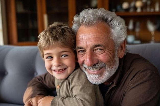 Photo head shot portrait smiling older grandfather and grandson looking at camera sitting on cozy couch at home