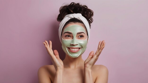 Photo head shot of smiling carefree woman has bare shoulders looks away with pleasure does skin care be