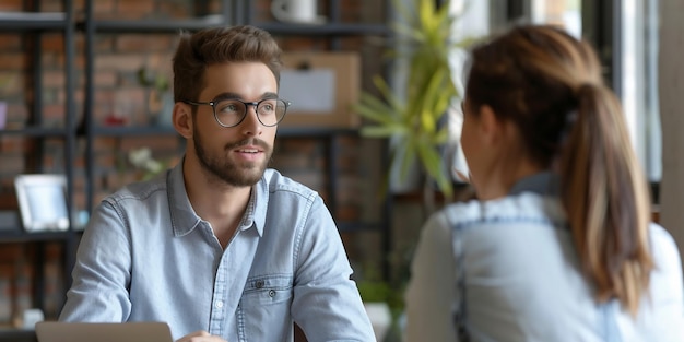 Foto giovane uomo coinvolto in una conversazione con un collega in ufficio collaboratori felici che chiacchierano che parlano che si godono la pausa sul posto di lavoro un ricercatore di lavoro sorridente che si presenta al colloquio