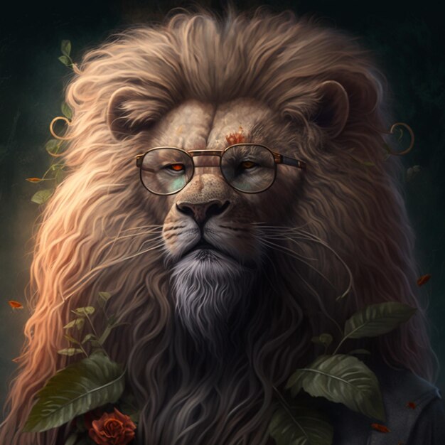 Head and shoulder portrait of fashionable lion with glasses and flowers