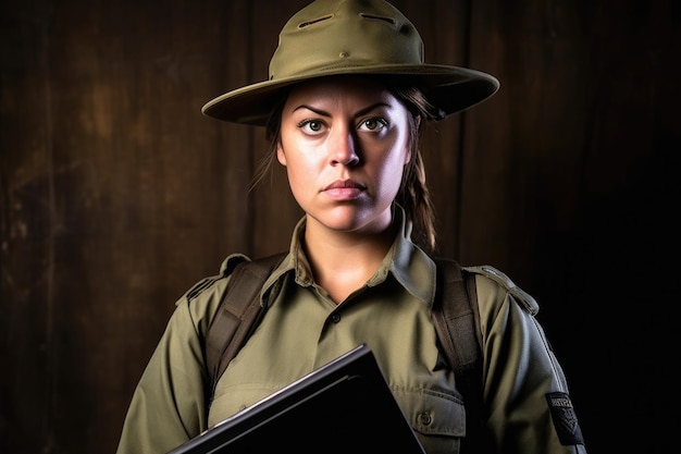Head and shoulders portrait of a female ranger holding a clipboard
