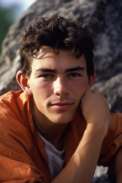 Head and shoulders portrait of a young male climber sitting on top of a rock formation