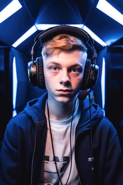 Photo head and shoulders portrait of a young man wearing a headset in the vr booth