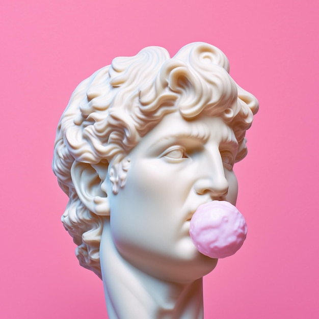 Head of statue david sculpture with bubble gum medium shot on a pink background Generative AI