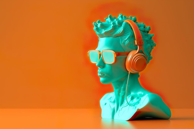 Head Statues in Headphones sunglasses on orange Summer background Minimal concept music art