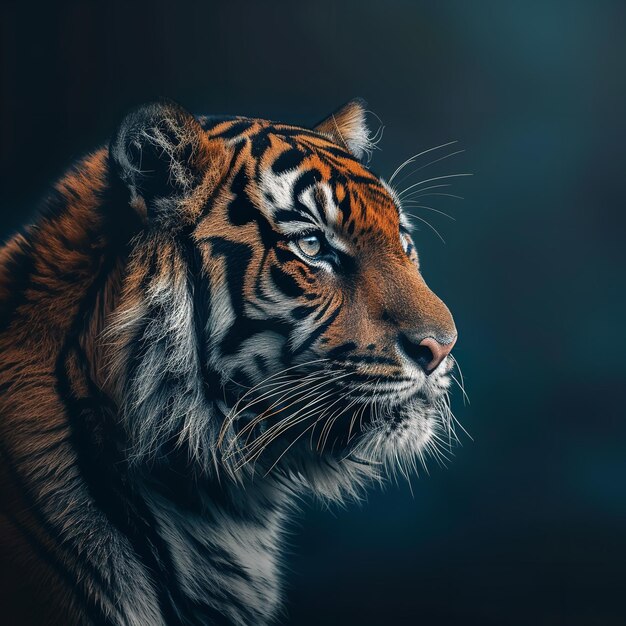 Head of tiger Sumatra closeup with dark blue wall Ai generative