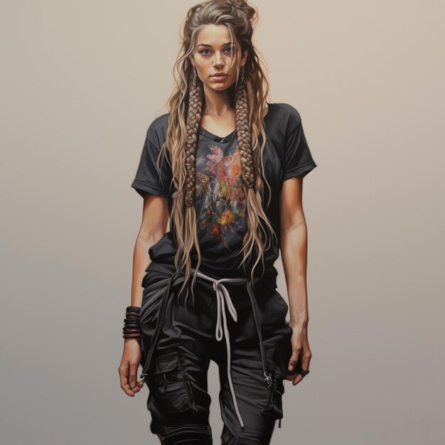 head to toe color pencil drawing of this image with black pants and shirt and combat boots long hai