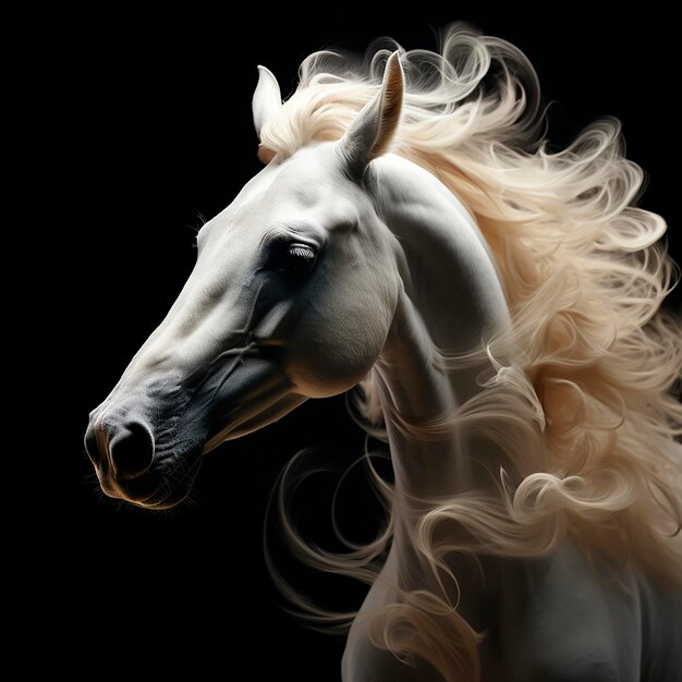 白い馬の頭は,黒い美しい動物のクローズアップで流れる毛皮の肖像画です