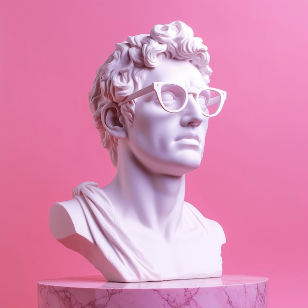 프로필 AI Generative에서 그의 눈 프레임에 세련된 분홍색 안경을 쓴 흰색 신화 동상의 머리