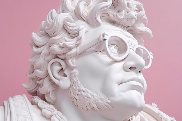 색 신화적 동상 머리와 그의 눈에 유행하는 분홍색 안경은 프로파일 인공지능의 프레임입니다.