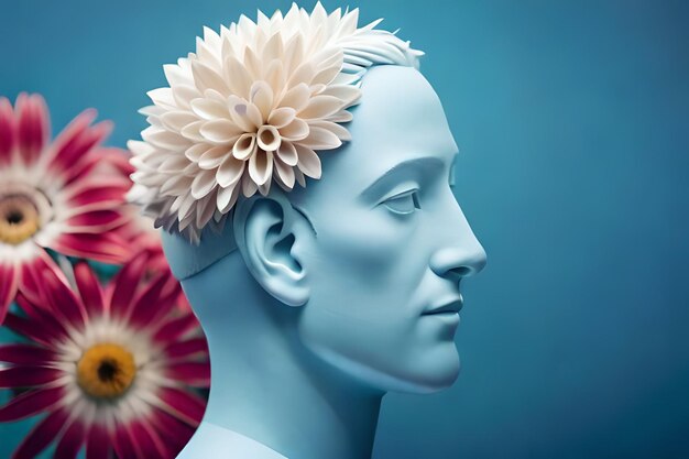 a head with a flower in the hair