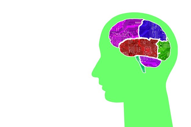 Head with multi-colored brains of chips on a colorful background