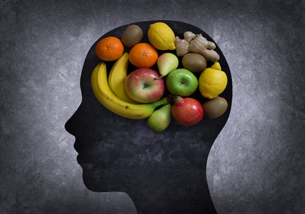 Head with part of the brain in the form of fruits