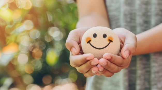 Photo a head with a smiling face in the hands mental health concept positive thinking support and evaluation