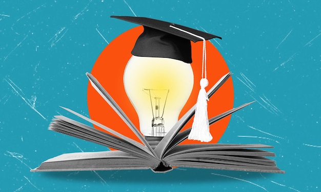 a head with a stack of books and a light bulb as a metaphor for a new idea artistic collage