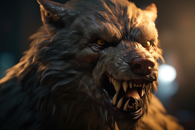Голова волка с острыми зубами и острые зубы в темноте