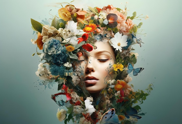女性の頭は、有機的な自然にインスピレーションを得た形の花で覆われています