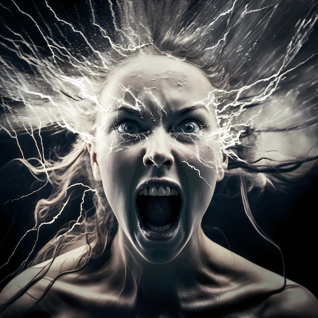Head of woman screaming with lightning bolts