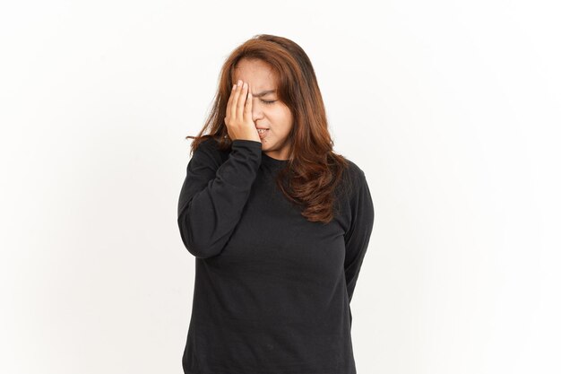 Headache Gesture Of Beautiful Asian Woman Wearing Black Shirt Isolated On White Background