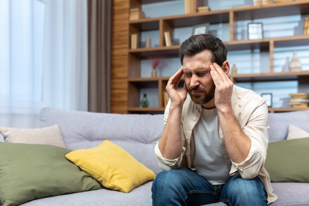 Headache of mature single man sitting on sofa alone at home and holding head with hands in living