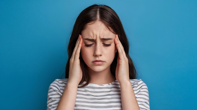 The headache the sad teen girl with headache or pain on a blue studio background