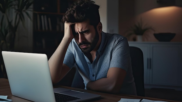 Headache stress and burnout at home young man suffering from fatigue and exhaustion Frustrated failing small business owner annoyed and under pressure from a heavy workload while working remotely