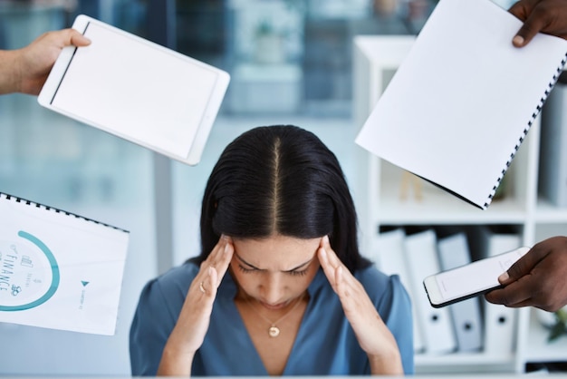 Headache stress and multitask business woman with time management problem tablet mockup and documents Questions phone call and chaos of professional team manager migraine pain and people hands