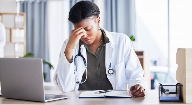 Photo headache tired doctor and woman in medical office with burnout challenge clinic problem and stress risk frustrated black female healthcare worker with fatigue migraine pain and anxiety of mistake