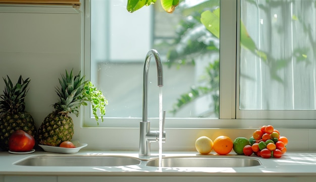 Header photo of kitchen sink with fruits and herbs on counter