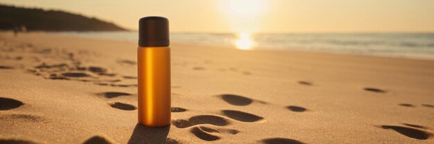 Header wallpaper with sunscreen sunblock skincare product in orange bottle on sandy beach with ocean