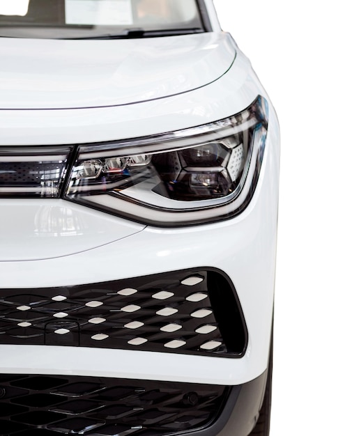 Headlight and hood of sport car on white background