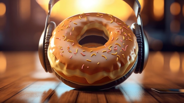 Photo headphone with donut as a concept for nutrition music and culture asmr mukbang concept