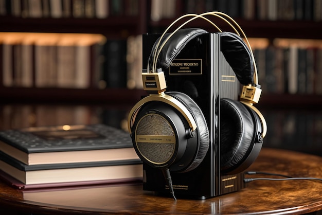 A headphone on the wooden table