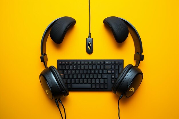 The headphones are isolated on a yellow background the top view gamer background