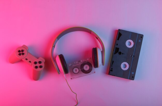 Headphones, audio cassette, video cassette, gamepad