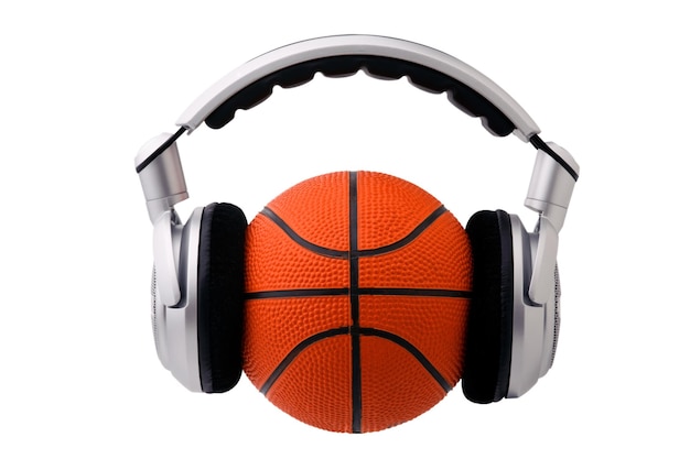 Headphones on a basketball ball sport and music concept