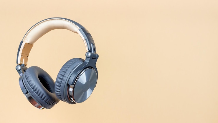Photo headphones on a beige background minimal concept mockup music