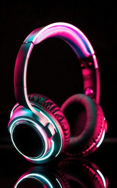 Photo headphones on a black background closeup in neon light