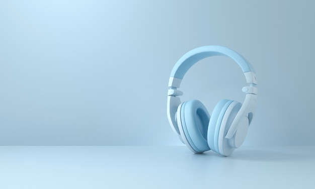 Headphones on blue background. podcast concept. 3d rendering.