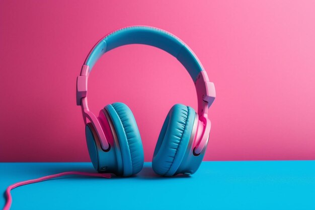 Headphones on blue and pink background Music concept Minimal style