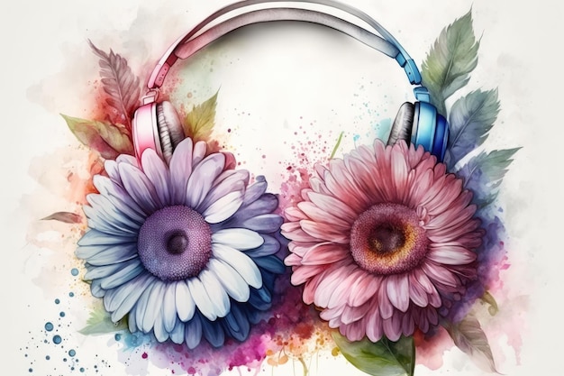 Headphones in the color pink decorated with a swarm of purple and blue Gerbera daisies