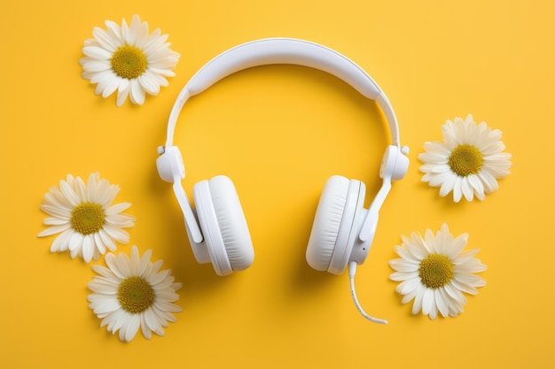 Headphones and daisy flowers on yellow background for background