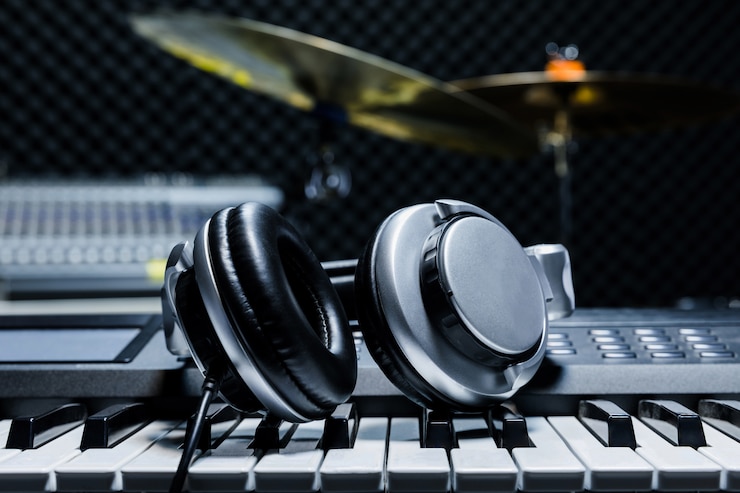 Photo 音楽楽器の背景によってエレクトリックピアノの背景にヘッドフォン。