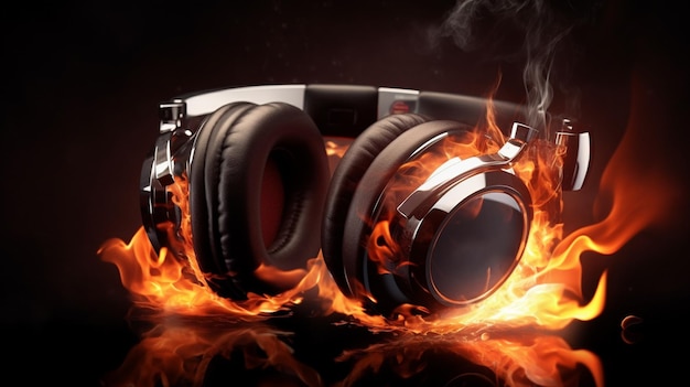 Headphones in fire on black background generative ai
